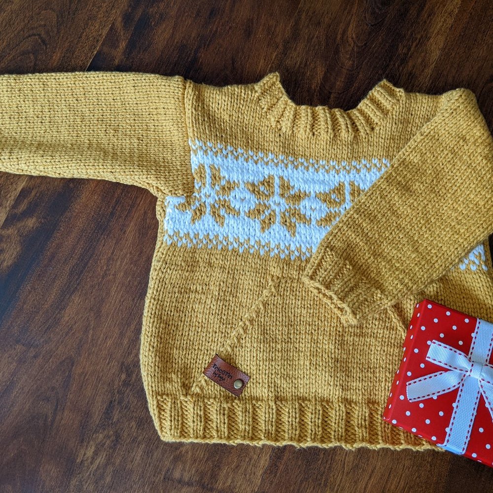 Hand knit Mustard Yellow Jersey with  Snowflakes pattern Fair Isle